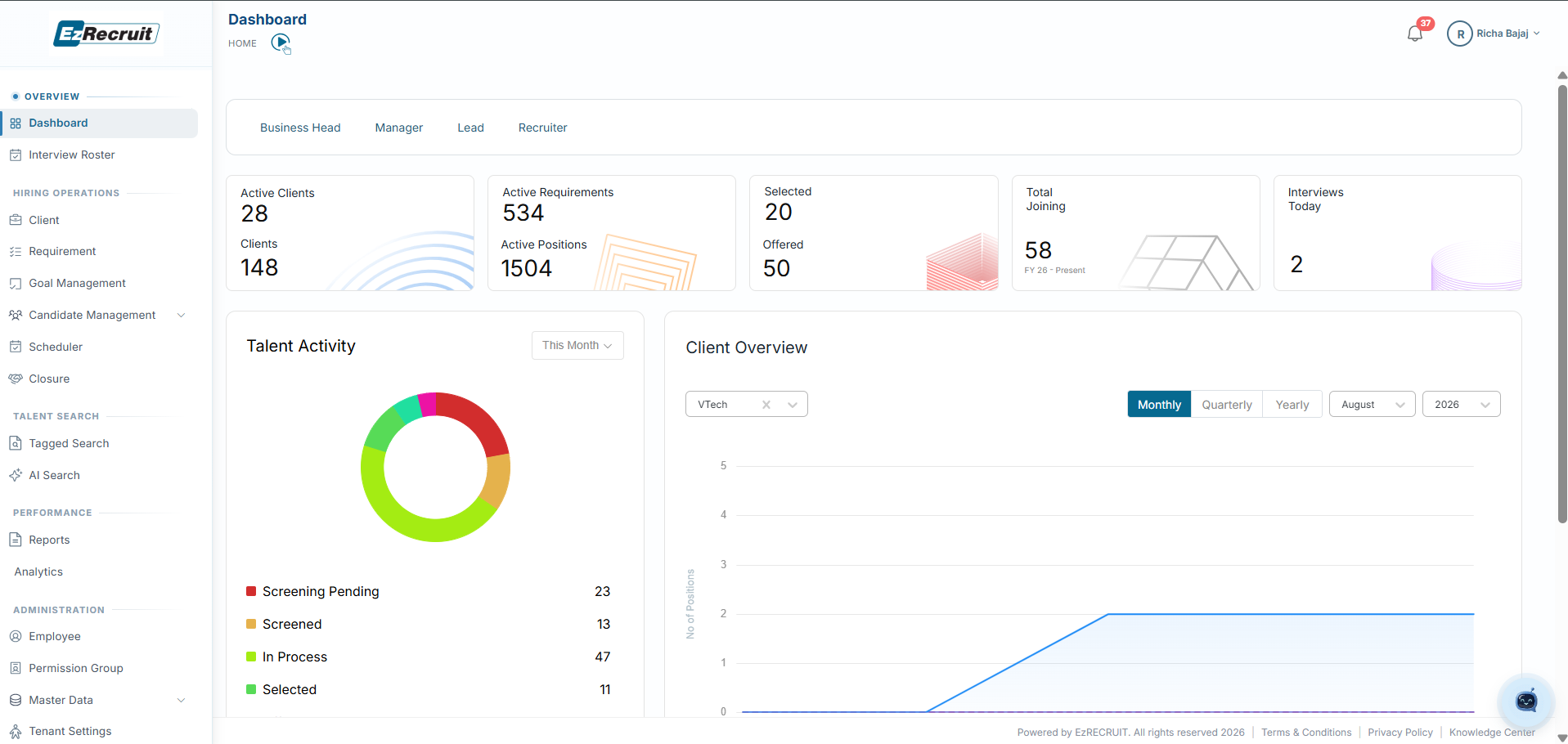 The EzRecruit interface